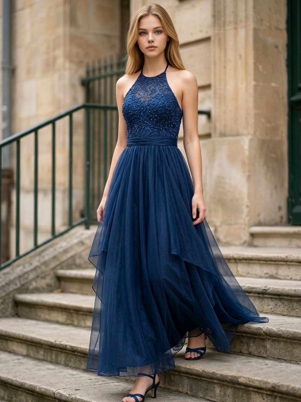 Halter Navy Beaded Lace & Layered Tulle Maxi Dress